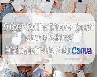 I 9 modelli di custodie resistenti per iPhone più venduti per Canva, prodotti personalizzati PNG Printify, immagini digitali, download istantaneo di modelli drag & drop