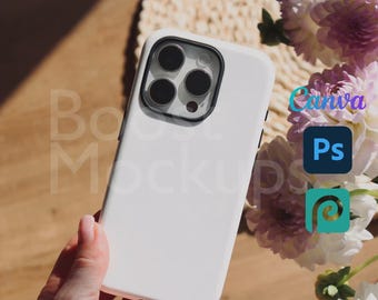 Mockup di custodia resistente per iPhone PSD PNG Canva Photoshop Photopea File Printify Modello trascina e rilascia Download istantaneo Mockup di copertina