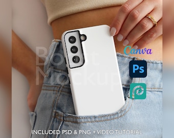 Mockup di custodia resistente per telefono Samsung PSD PNG Canva Photoshop Photopea File Printify Modello trascina e rilascia Download istantaneo Mockup di copertina