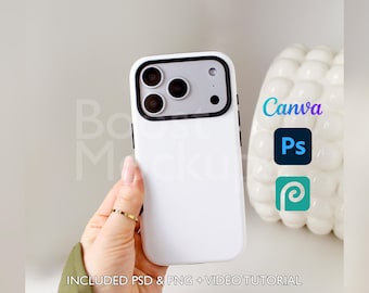 Mockup di custodia per iPhone 17 Pro resistente, file PSD e PNG, compatibile con Canva, Photoshop e Photopea, stampabile tramite trascinamento, modello, download immediato.