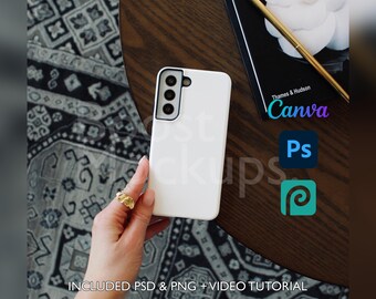 Mockup di custodia resistente per telefono Samsung PSD PNG Canva Photoshop Photopea File Printify Modello trascina e rilascia Download istantaneo Mockup di copertina