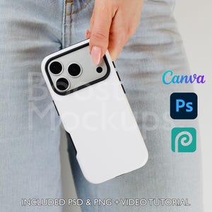 May include: A white phone case with a black border is held against a light blue denim background. The phone case has a camera module with three lenses. The image includes the text "Canva", "Ps", and a logo.