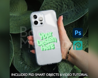 Custodia trasparente in TPU per iPhone, mockup di oggetti avanzati in PSD per Photoshop, file Photopea, modello trascina e rilascia Printify, download istantaneo, mockup di cover