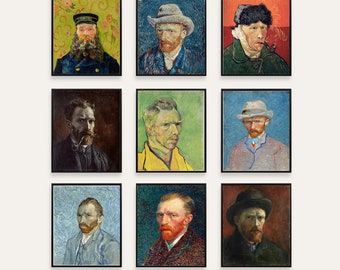 Conjunto de 9, Retratos de Vincent Van Gogh, Arte de pared imprimible, Descarga digital