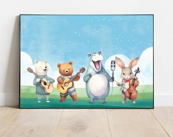 Cute animals playing music wall poster, Musician Animals, Kids illustration, Nursery Wall Art, Nursery Decor, Digital Download