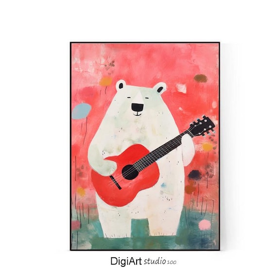 Cute Bear Poster, Bear Playing Guitar, A Lady Bear Playing A Music, Kids Room Poster, Nursery Decor, Music, Animals Music, Digital Download