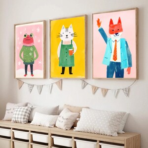 Set of 3 Digital download Nursery wall art, Frog, Cat and Fox, Set of 3 Animal Art Prints, Colorful Animal Poster, Bright Cool Animals