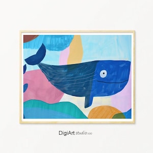 Blauwal Poster Wal, Ozean Poster, Wal Kunst, Moderne Kinder Deko, Meerestiere, Spielzimmer Dekoration, Aquarell Poster, Digital Download
