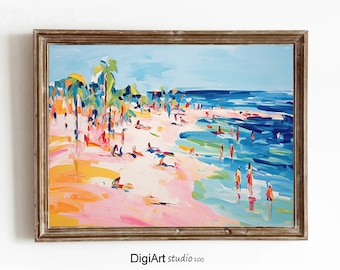 Peinture multicolore de paysage marin de plage, peinture aquarelle de paysage marin de plage d'été, art de paysage côtier, décoration murale d'art téléchargeable