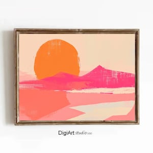 Sonnenuntergang Minimalistischer Druck, Abstrakte warme Farben Kunst, Modernes Sonnenaufgang Poster, Abend Berg und Sonne Dekor, Orange Rosa, Digitaler Download