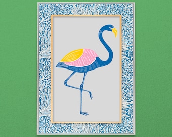 Flamingo Wall Art, Colorful Flamingo Print, Wildlife Print, Vintage Wall Art, Eclectic Art, Maximalist art, Digital download