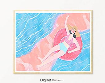Woman Relaxing in Water, Swimming Print, Beach House Decor, Summer Wall Poster, Swimming Girl, Pool House Art, Wall Art, Digital Download