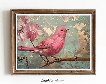 Pink Bird Painting Art, Antique Bird Print, Bird Wall Art Print, Vintage Bird, Girls Room Wall Decor,  Digital download