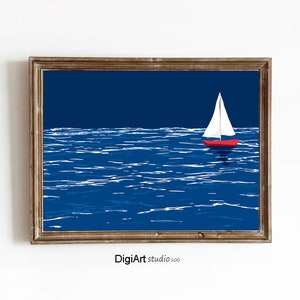 Sailboat Print, Seascape Art Poster, Boat Drawing, Ocean Wall Art, Beach House Decor, Coastal Nursery, Digital Download,