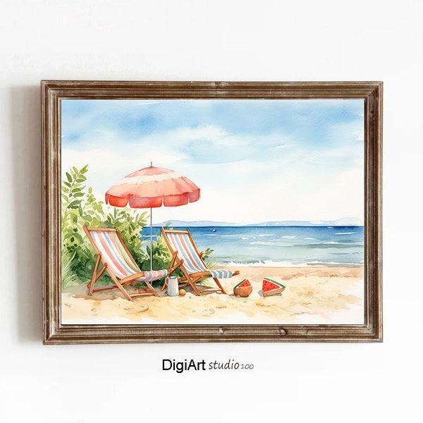 Vintage Coastal Painting, Relaxing Beach Chair Painting, Retro Beach Painting, Digital Download