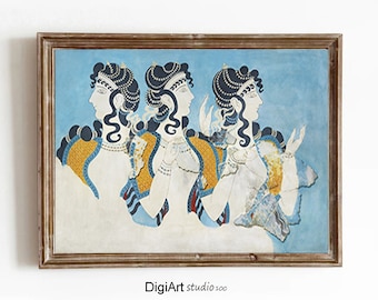 Affresco minoico da donna blu dipinto dal Palazzo di Cnosso a Creta, Grecia antica, pittura murale minoica, download digitale