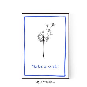 May include: A framed art print featuring a black and white dandelion illustration with seeds blowing in the wind. The words "Make a wish!" are written in blue below the dandelion. The artwork is framed with a blue border.