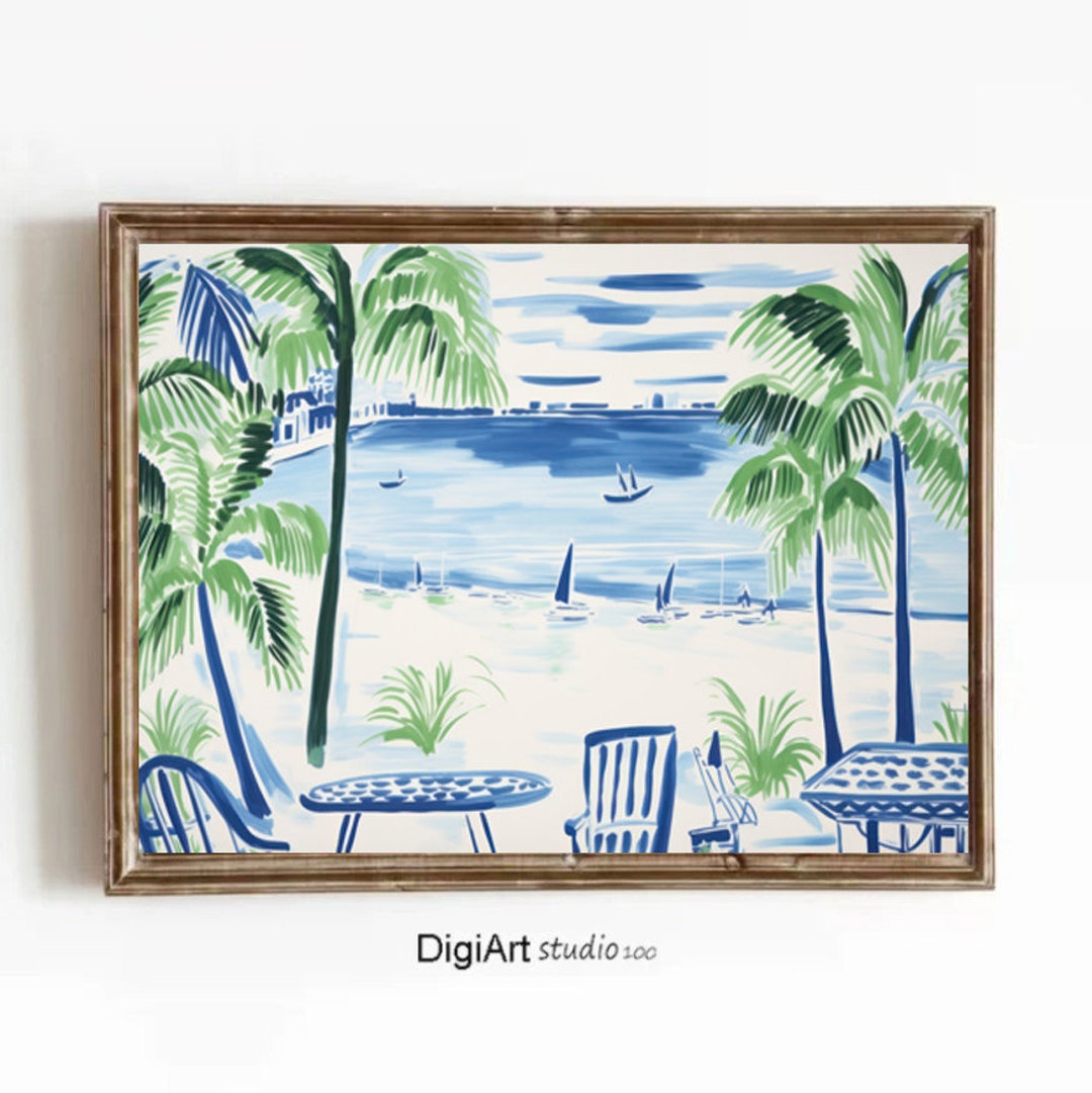 Green-blue Coastal Landscape, Watercolor Painting, Beach Landscape ...