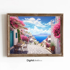 Colorful Landscape, Greece Travel, Greek Island Print, Coastal Decor, Bougainvillea Print, Mediterranean, Architecture, Digital Download