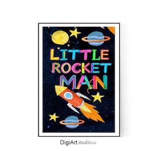 Space Nursery Art Print: Rocket, Moon & Stars Decor (Digital Download)