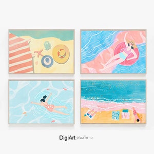 Beach Gallery Set of 4 Prints, Gallery Wall Set, Pink Wall Art Beach Decor Girly Apartment Decor,  Pastel Beach Prints Set, Digital Download
