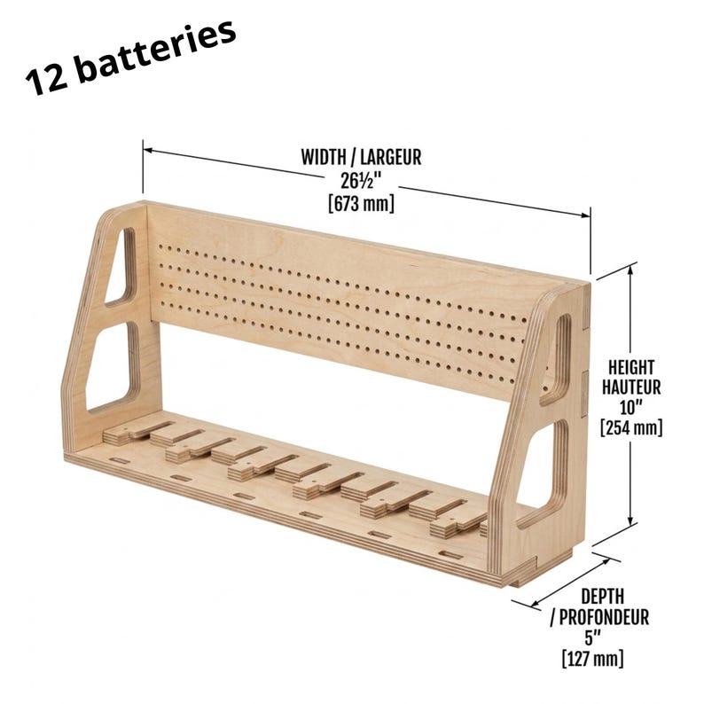 May include: A wooden battery organizer with a width of 26.5 inches, a height of 10 inches, and a depth of 5 inches. It has multiple slots and holes for storing batteries. The text "12 batteries" is visible.