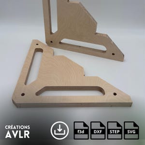Puede incluir: Dos soportes de esquina de madera con recortes para unir piezas de madera. Los soportes son de madera clara y tienen un acabado natural. La imagen incluye un icono de descarga y iconos de tipo de archivo para f3d, DXF, STEP y SVG.
