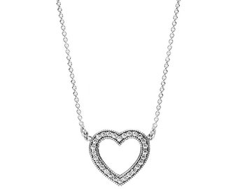 New Open Heart Necklace For Women Sparkling Heart Pendant & Silver Chain Sterling Silver Collier Pendant Necklace Adjustable 45 CM S925 ALE