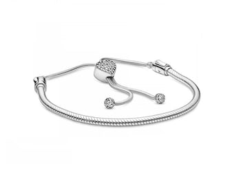 Pavé Heart Clasp Snake Chain Slider Bracelet For Charms Rhinestone & Silver Designer Everyday Jewellery for Women, Hallmarked Stamped S925