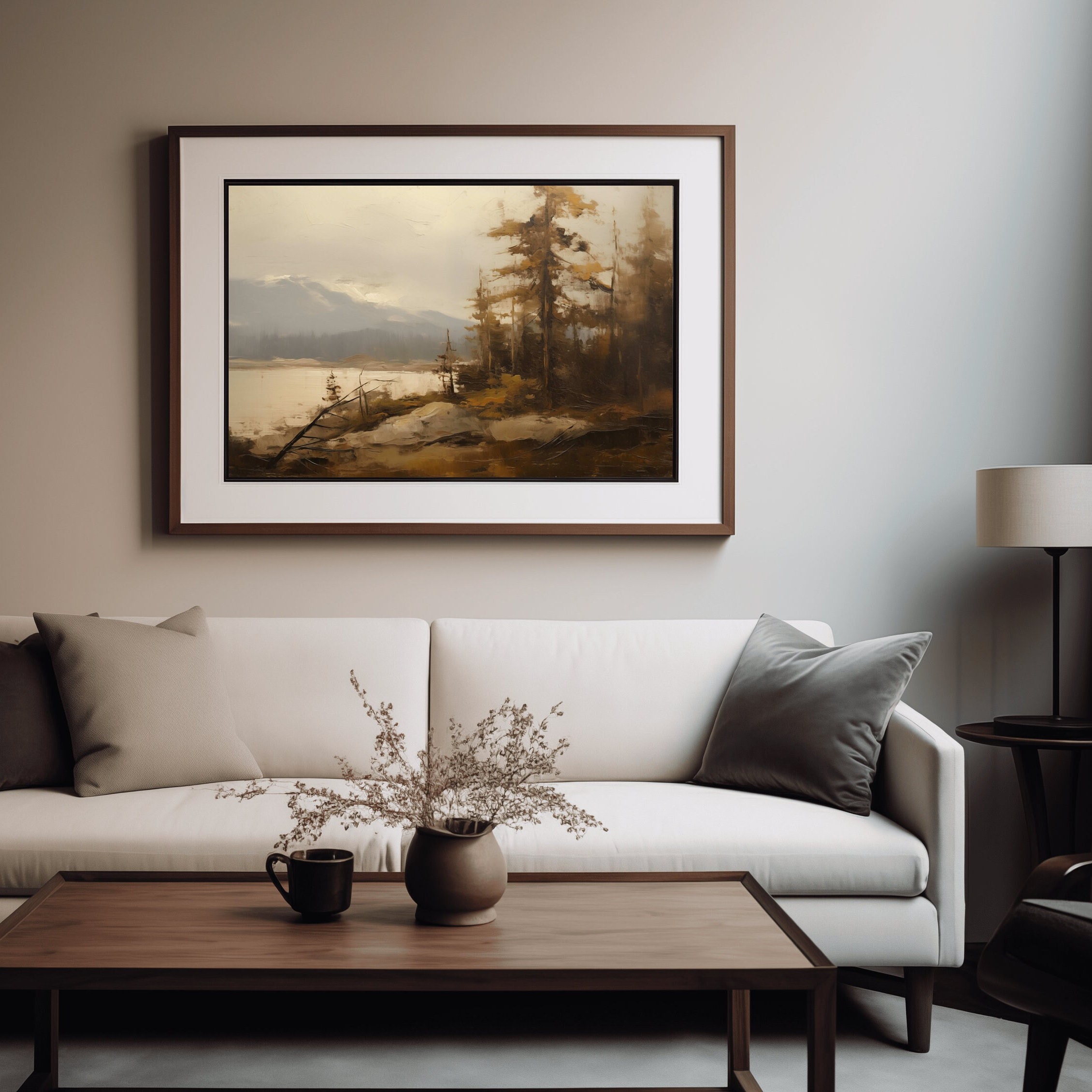 Printable Moody Mountain Lake View Vintage Landscape Art Print Forest ...
