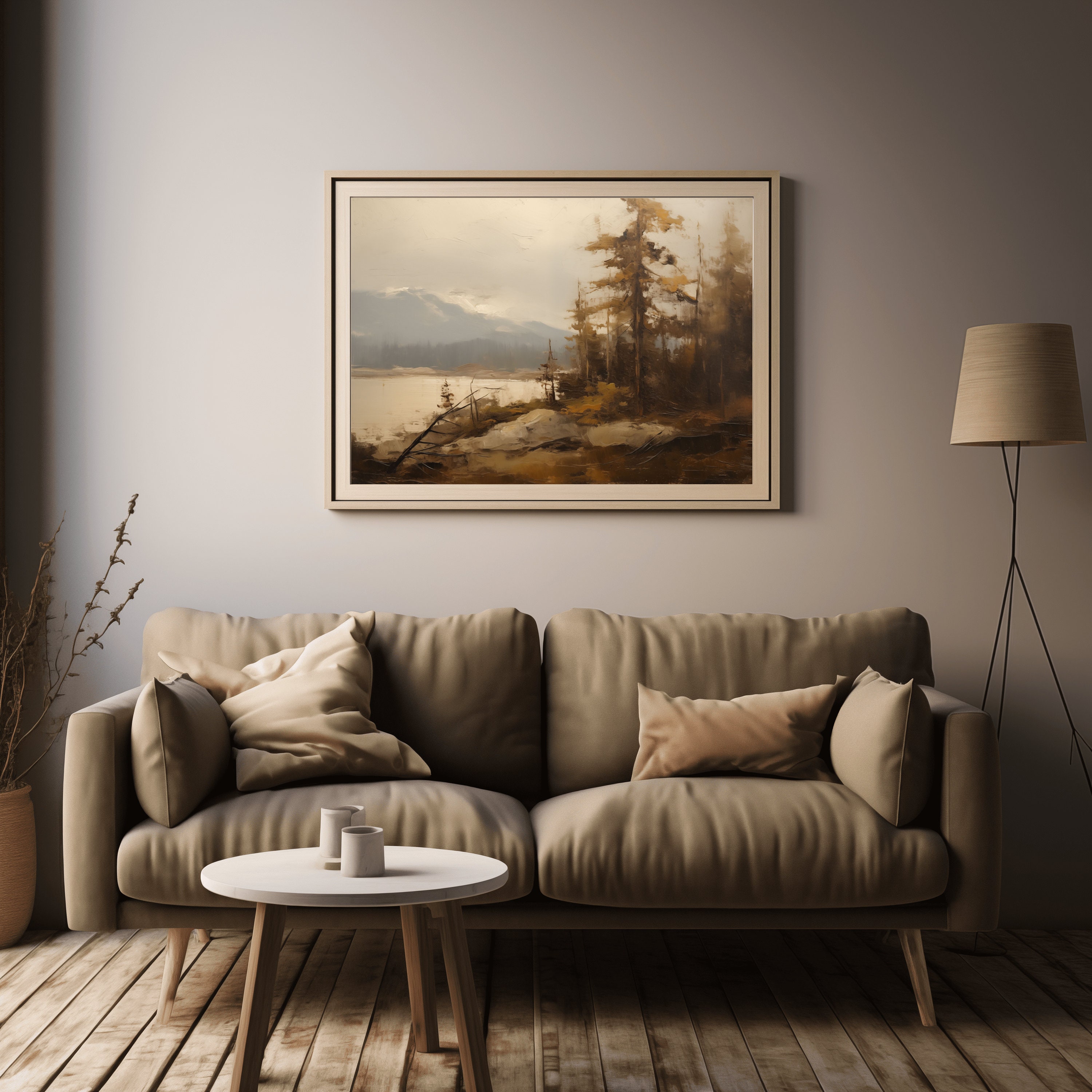 Printable Moody Mountain Lake View Vintage Landscape Art Print Forest ...