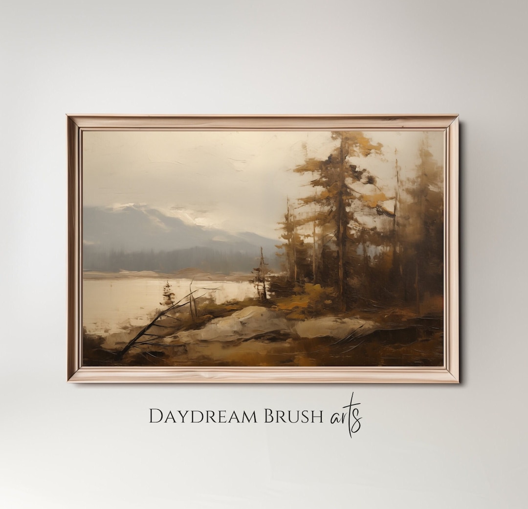 Printable Moody Mountain Lake View Vintage Landscape Art Print Forest ...