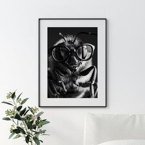 May include: A black and white photograph of a bee wearing round, black-rimmed glasses. The bee is in focus, and the background is blurred.