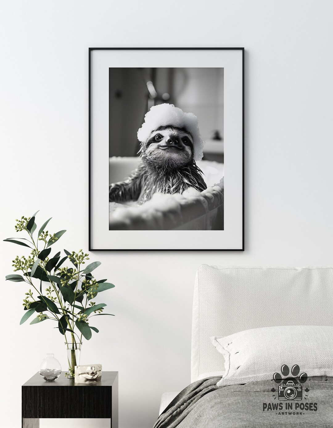 Relaxed Sloth Bath Time Photo, Black and White, Printable Wall Art ...