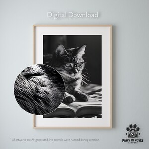 May include: Black and white digital illustration of a cat wearing glasses and sitting on a book. The cat is looking to the right. The image is in a frame.