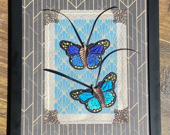 Double Blue Butterflies Accent Piece with Vintage Adornments - One-of-a-Kind - Embroidery - Wall Art