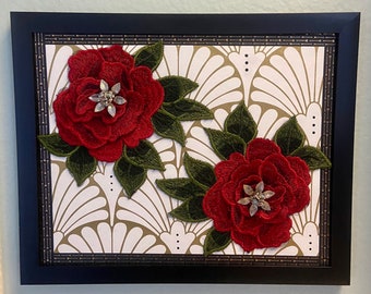 Double Roses Accent Piece with Vintage Adornments - One-of-a-Kind - Embroidery - Wall Art