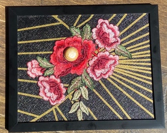 Red Rose Accent Piece with Vintage Adornment - One-of-a-Kind - Embroidery - Wall Art