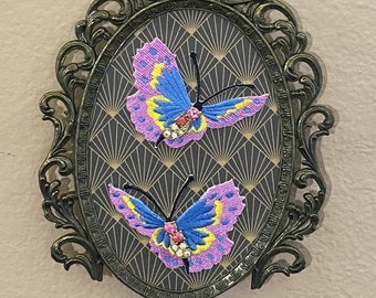 Double Pink & Blue Butterflies Accent Piece with Vintage Adornments - One-of-a-Kind - Embroidery - Wall Art