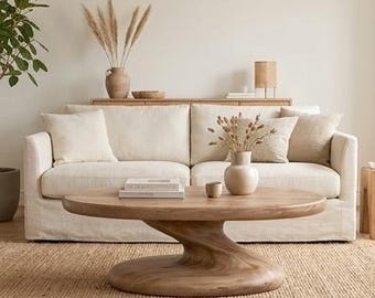 Hand Carved Solid Wood Oval Coffee Table | Rustic Organic Modern Center Table
