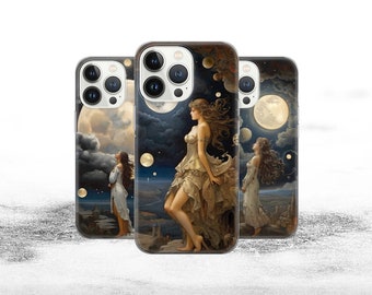 Moon and Stars Phone Case Celestial Print Cover for iPhone 17 16Pro 15 14 13 12 Samsung S25 S24 S23 S22 A16 A56 A55 Pixel 10Pro 9Pro