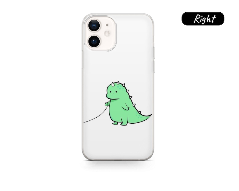 May include: Clear phone case with a cartoon green dinosaur design. The dinosaur is holding a leash. The phone case is for an iPhone.