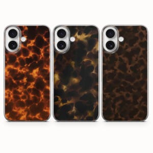 May include: Three phone cases with a tortoiseshell pattern in shades of brown, amber, and black. The cases have a clear border and a camera cutout.
