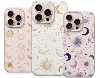 Celestial Phone Case Star Moon Sun Pattern Cover for iPhone 17 16Pro 15 14 13 12 Samsung S25 S24 S23 S22 A16 A56 A55 Pixel 10Pro 9Pro