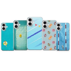 May include: Five phone cases with various summer-themed designs. One case features a person on a floatie, another a yellow rubber duck, and a third has a pool with flags. The other two cases have swimmers and pool floats.