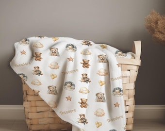 Personalized Teddy Bear Blanket. Perfect Gift for Newborn or Toddler. Bear Theme Nursery. Brown Teddy Bears, Clouds, Stars. Boy gift.