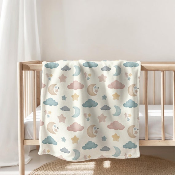 Moon and Stars Baby Blanket. Dreamy clouds, moons, and stars. Cozy fleece toddler blanket. Love You to the Moon Nursery. Starry Night Sky.