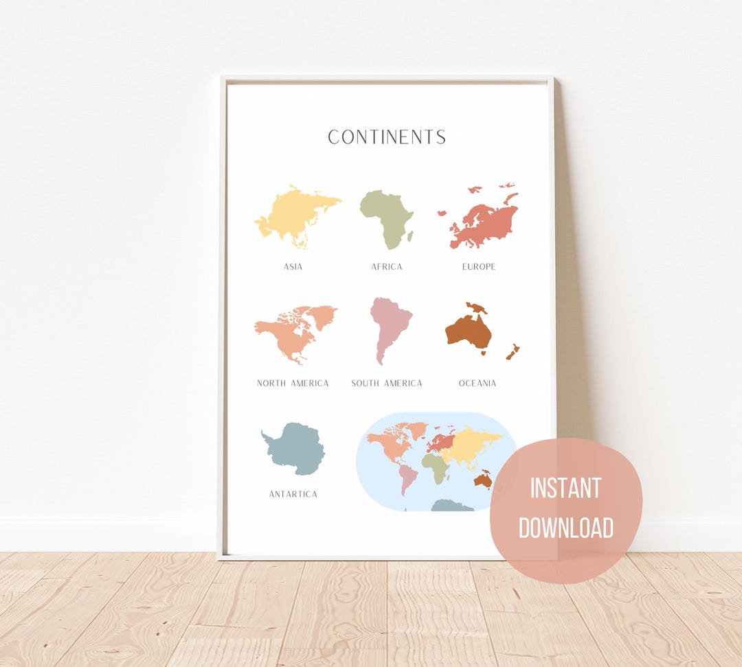 Minimalist Continents Map Print - Kids Room Decor, Printable Educational Wall Art, Digital ...