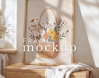 Frame Mockup Vertical Bedroom Cozy Interior Portret Wooden Frame DIN A ISO 4:5 Ratio Mockup PSD Smart Object Photoshop Mockup Photopea