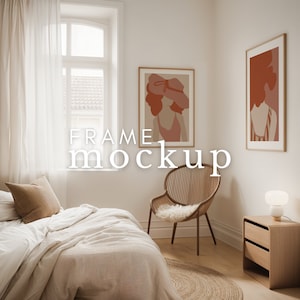 May include: A bedroom interior with a white bed, a brown wicker chair, a wooden nightstand with a lamp, and two framed abstract art prints on the wall. The text "FRAME mockup" is visible in the image.